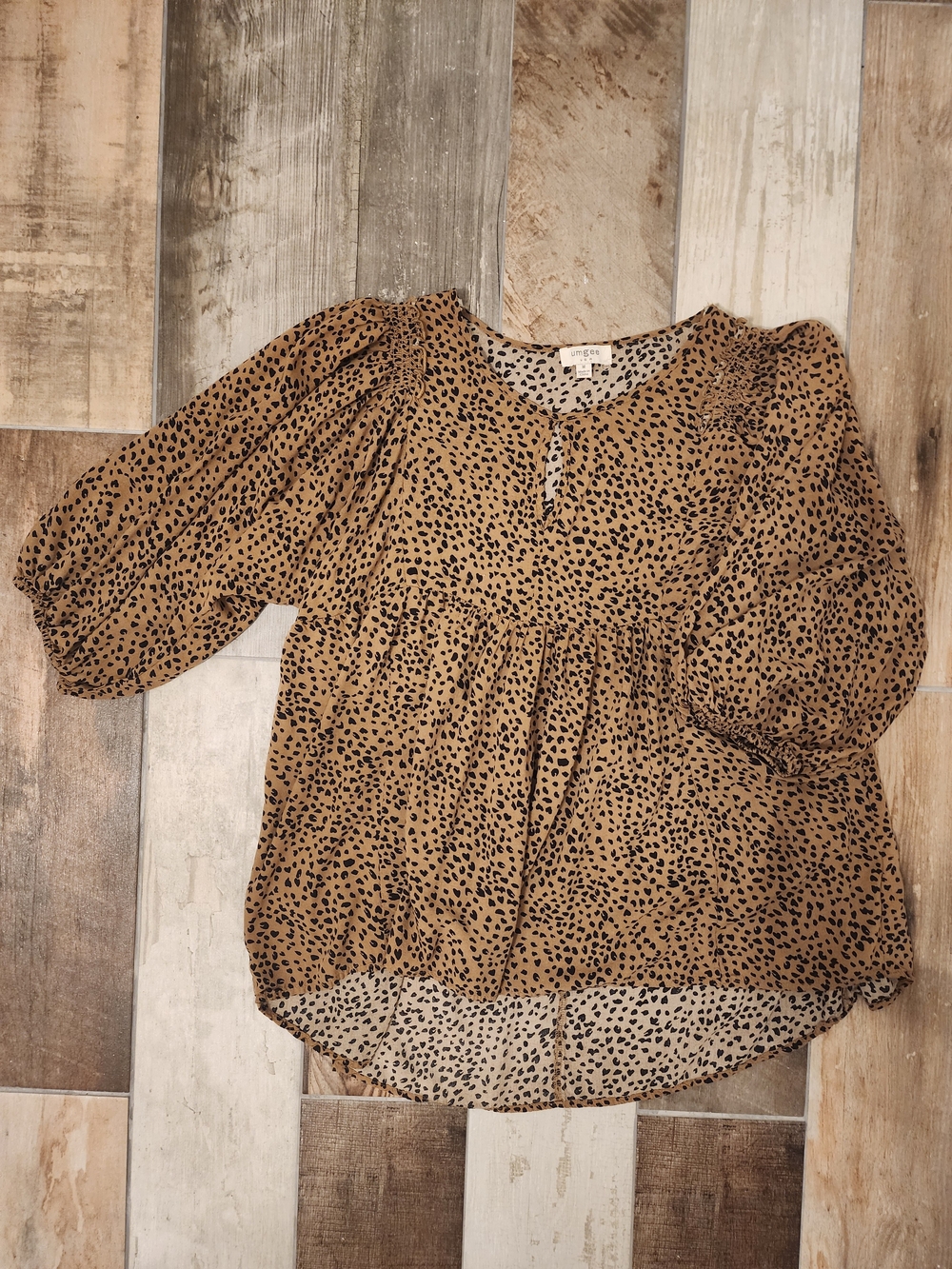 Umgee Tan and Black Leopard Print Peasant Babydoll Tunic